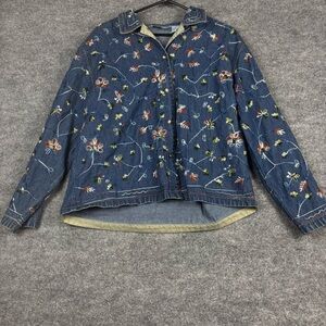 Jane Ashley Embroidered Denim Jacket Floral Boho Cotton Size L